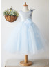 Silver Sequin Blue Tulle V Back Butterfly Flower Girl Dress